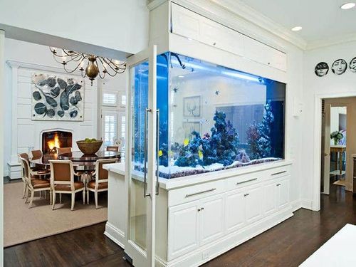 Desain ruang makan dengan aquarium sebagai partisi