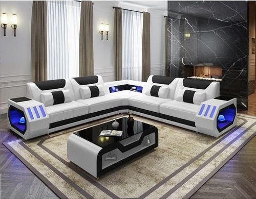 desain ruang tamu dengan sofa putih yang berkesan futuristik
