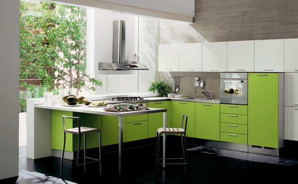 Desain dapur sederhana konsep terbuka warna hijau